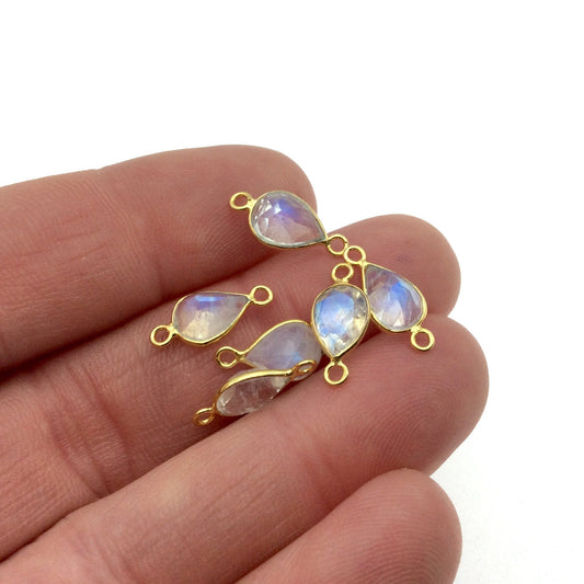 Moonstone Charms for Permanent Jewelry | BULK PACK of Six Vermeil Gold Pointed Cut Stone Faceted Teardrop Bezel Connectors