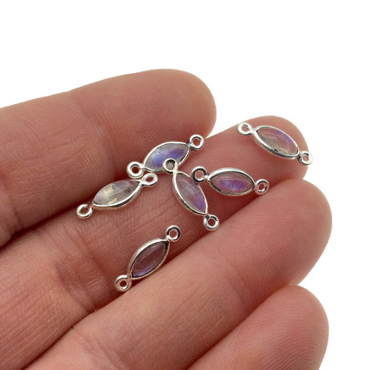 BULK PACK of Six (6) Sterling Silver smooth Moonstone Marquise Shaped Bezel Connectors - Measuring 5mm x 7mm. Approximately.