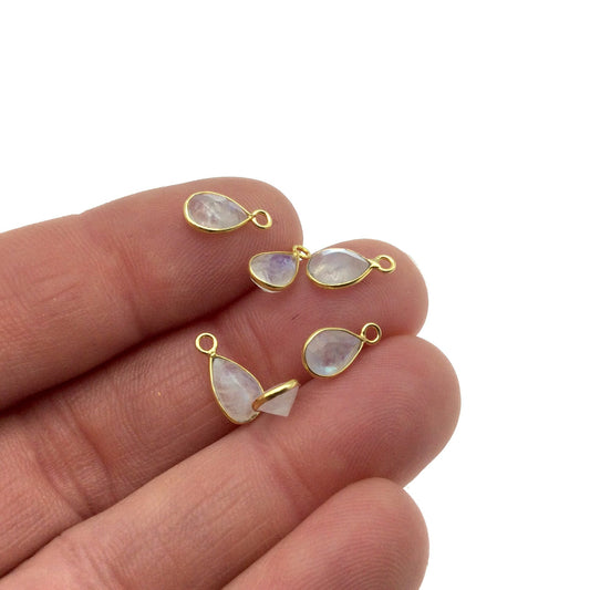 BULK PACK of Six (6) Vermeil Gold Pointed/Cut Stone Faceted Teardrop/Pear Shaped Moonstone Bezel Pendants - Measuring 5mm x 7mm