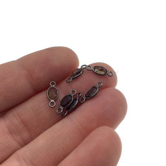 BULK PACK of Six (6) Gunmetal Sterling Silver Pointed/Cut Stone Faceted Oval Shaped Smoky Quartz Bezel Connectors - Measuring 4mm x 6mm