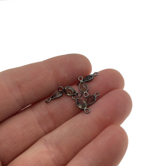 BULK PACK of Six (6) Gunmetal Sterling Silver Pointed/Cut Stone Faceted Teardrop Shaped Smoky Quartz Bezel Connectors - Measuring 4mm x 6mm