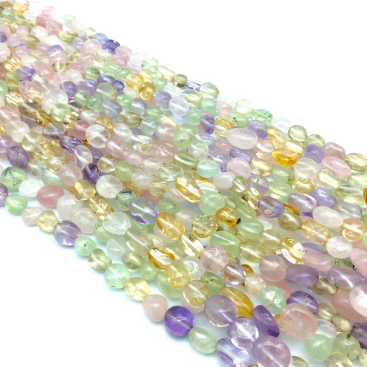 Mixed Stone (Rose Quartz, Ametrine, Citrine, Prehnite) Pebble/Nugget Beads, 6-10mm, approx. 53 beads per strand.