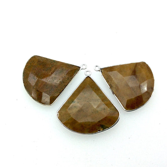 Silver Finish Faceted Yellow Jasper Fan Shaped Bezel Pendant - Measuring 30mm x 30mm - Natural Semi-precious Gemstone