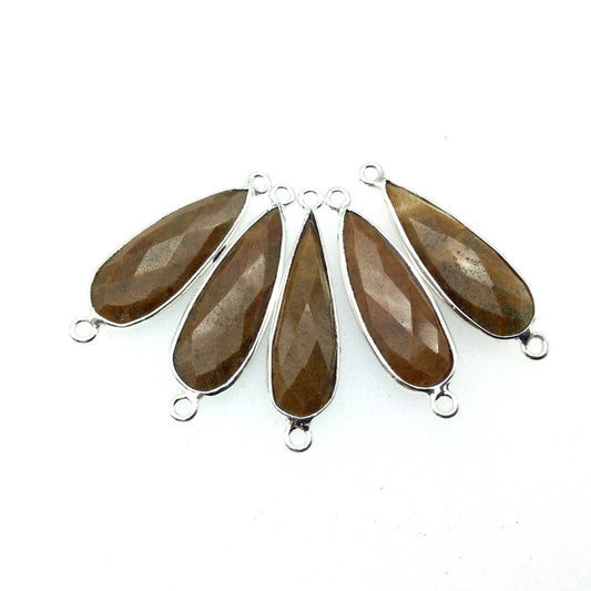 Silver Finish Faceted Yellow Jasper Long Teardrop Shaped Bezel Connector - Measuring 10mm x 25mm - Natural Semi-precious Gemstone