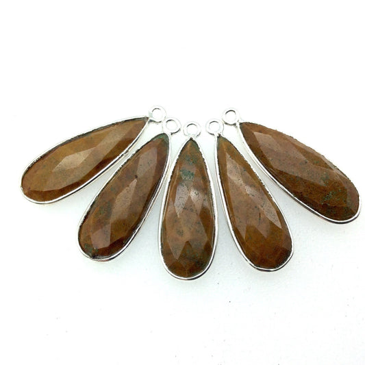 Silver Finish Faceted Yellow Jasper Long Teardrop Shaped Bezel Pendant - Measuring 10mm x 25mm - Natural Semi-precious Gemstone