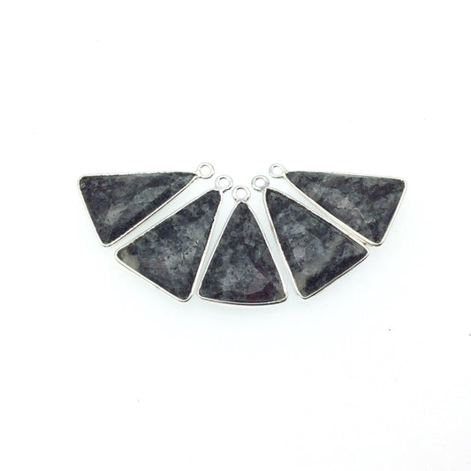 Silver Finish Faceted Black Feldspar Triangle Shaped Bezel Pendant Component - Measuring 15mm x 20mm - Natural Semi-precious Gemstone