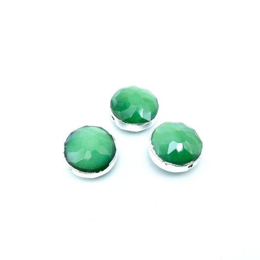Silver Electroplated Faceted Opaque Green Crystal Round/Coin Shaped Bead - 14mm - Sold Individually, At Random - High Quality Crystal