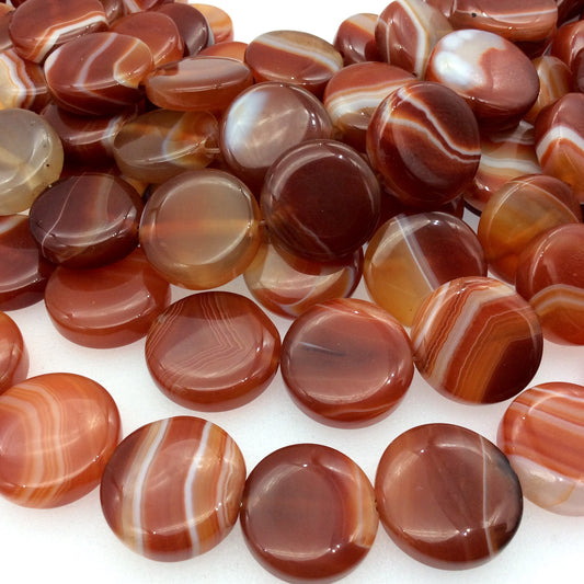 Natural Orange Red Banded Agate Round/Coin Beads - 15.5" Strand (~ 20 Beads) - Measures 20mm x 20mm, Approximately - Sold by the Strand