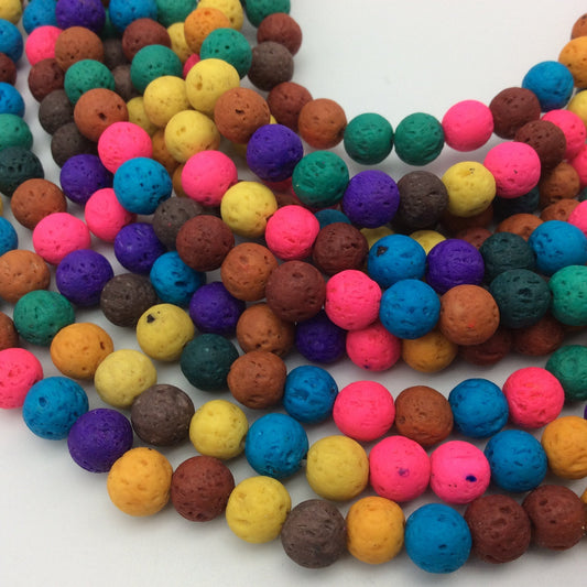 6mm Mixed Neon Colored Volcanic Lava Rock Round/Rondelle Shaped Diffuser Beads w/ 1.5mm Holes - Sold by 15" Strands (Approx. 65 Beads)