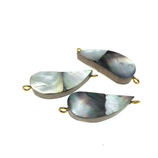 Silver Gray Curved Teardrop Shaped Natural Shell Focal Connector - 16mm x 38mm Approximately - Sold Individually