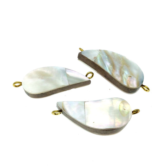 Iridescent White Curved Teardrop Shaped Natural Shell Focal Connector - 16mm x 38mm Approximately - Sold Individually
