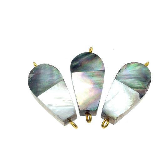 Silver Gray Flattened Teardrop Shaped Natural Shell Focal Connector - 18mm x 36mm Approximately - Sold Individually