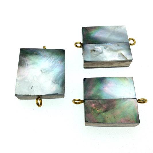 Silver Gray Fat Rectangle Shaped Natural Shell Focal Connector - 23mm x 26mm Approximately - Sold Individually