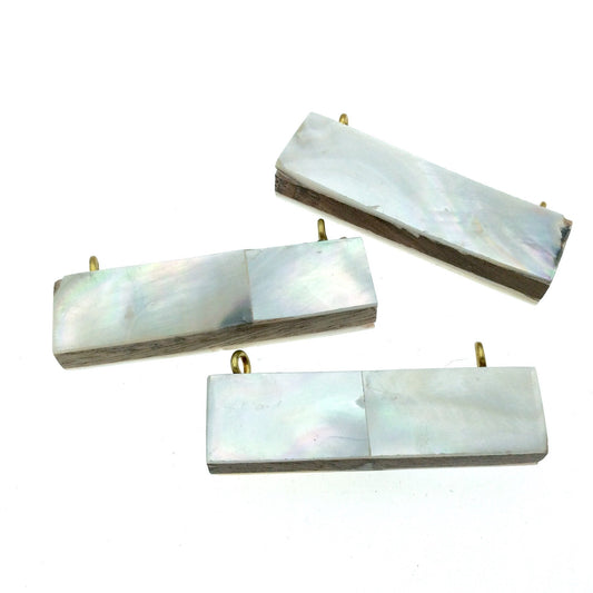 Iridescent White Horizontal Rectangle/Bar Shaped Natural Shell Focal Pendant - 14mm x 50mm Approximately - Sold Individually