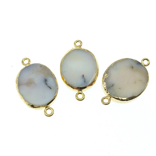 Large Sized Gold Plated Natural Flat Dendritic Opal Oval Shaped Connector - 21mm - 23mm Long Approx. - Sold Per Each, Selected at Random