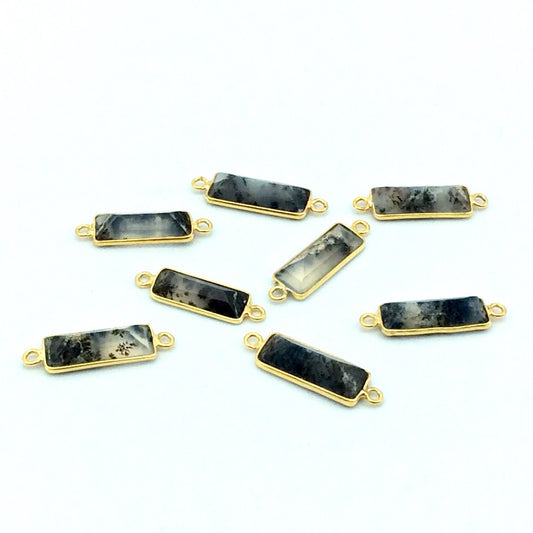 Gold Vermeil Faceted Cut Stone Rectangle Shaped Dendritic Opal Bezel Connector - Measuring 5mm x 15mm - Sold Per Piece