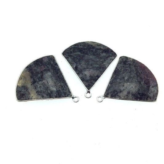 Silver Finish Faceted Black Feldspar Fan Shaped Bezel Pendant Component - Measuring 30mm x 30mm - Natural Semi-precious Gemstone