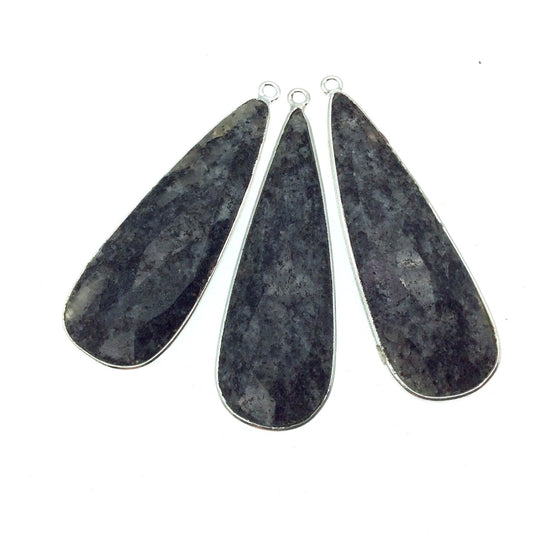 Silver Finish Faceted Black Feldspar Long Teardrop Shaped Bezel Pendant Component - Measuring 15mm x 45mm - Natural Semi-precious Gemstone