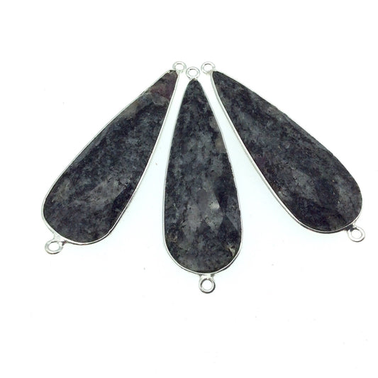 Silver Finish Faceted Black Feldspar Long Teardrop Shaped Bezel Connector Component - Measuring 15mm x 45mm - Natural Semi-precious Gemstone