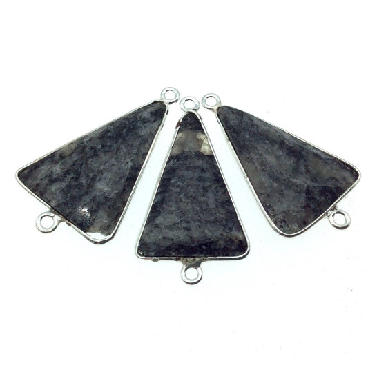 Silver Finish Faceted Black Feldspar Triangle Shaped Bezel Connector Component - Measuring 20mm x 25mm - Natural Semi-precious Gemstone