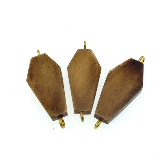Brown Elongated Hexagon (Coffin) Shaped Natural Bone Focal Connector - 19mm x 32mm Approximately - Sold Individually