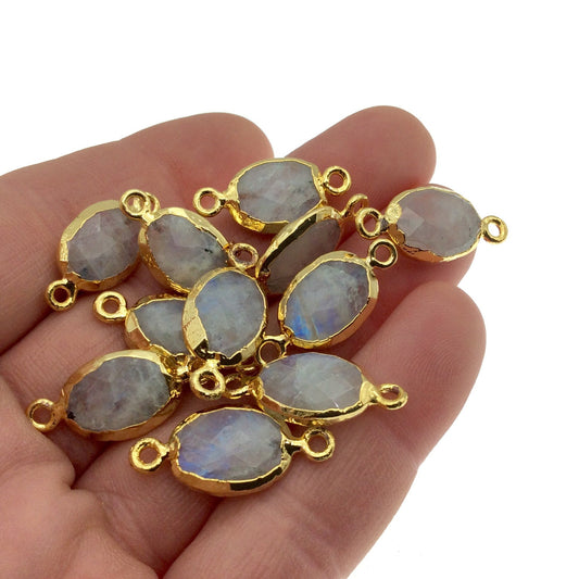10-13mm Single Gold Electroplated Natural Iridescent Gray Moonstone Horizontal Faceted Oval Shaped Connector - Randomly Selected