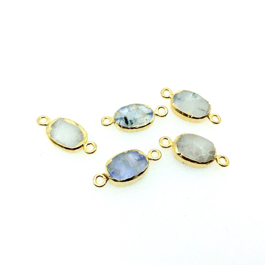 Small Sized Gold Plated Natural Flat Rainbow Moonstone Oval Shaped Connector - 12mm - 15mm Long Approx. - Sold Per Each, Selected at Random