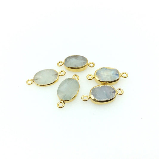 Medium Sized Gold Plated Natural Flat Rainbow Moonstone Oval Shaped Connector - ~ 15mm - 18mm Long - Sold Per Each, Selected at Random