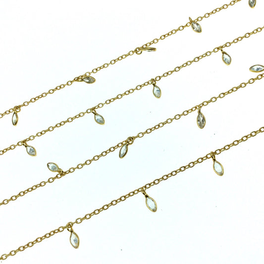 Gold Plated Copper Bezel Dangle Rosary Chain with 2mm x 5mm Cut Stone Flat Back Cubic Zirconia Teardrop Dangle Bezels - Sold by the Foot