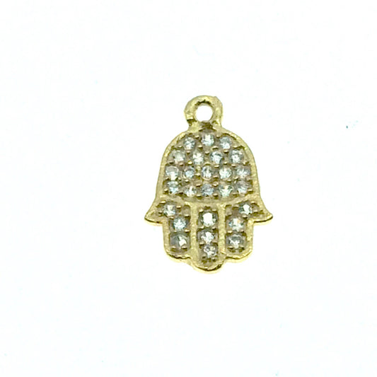 Tiny Gold Finish Hamsa Shaped CZ Cubic Zirconia Inlaid Plated Copper Pendant Component - Measuring 6mm x 10mm - Sold Individually