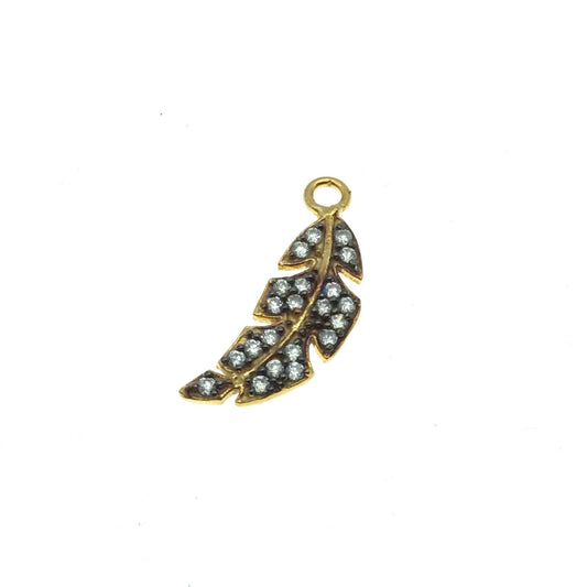 Oxidized Gold Finish Leaf/Feather Shape CZ Cubic Zirconia Inlaid Plated Copper Pendant Component - Measuring 7mm x 20mm - Sold Individually