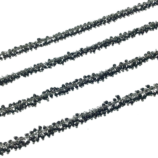 Gunmetal Plated Copper Double Dangle Cable Rosary Chain with 2mm Black Spinel Round Beads - Sold by 1' Cut Sections or in Bulk!