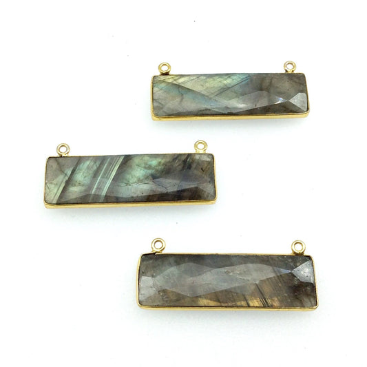 Labradorite Bezel | Gold Plated Faceted Natural Rectangle Bar Shaped Rainbow Bezel Connector ~ 12mm x 40mm - Sold Individually