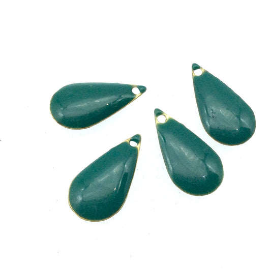 9mm x 15mm Two-Sided Deep Teal Enamel Brass Handmade Teardrop Pendant/Charm With Top Drilled Hole - Sold In Packs of Four Pieces