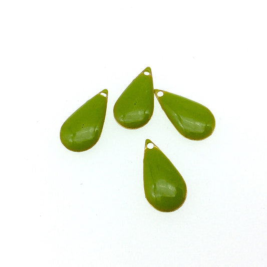 9mm x 15mm Two-Sided Lime Green Enamel Brass Handmade Teardrop Pendant/Charm With Top Drilled Hole - Sold In Packs of Four Pieces