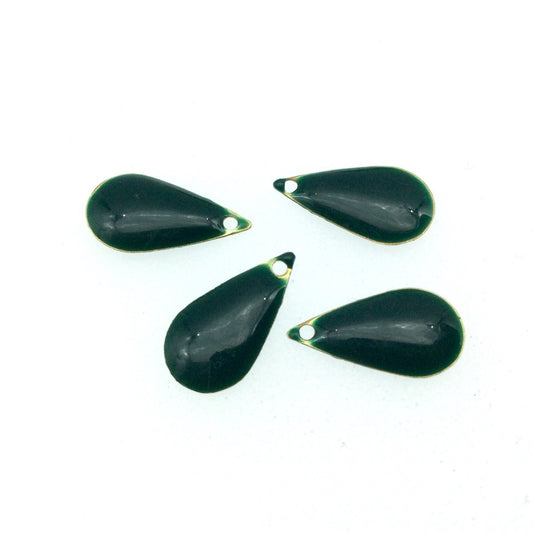 9mm x 15mm Two-Sided Forest Green Enamel Brass Handmade Teardrop Pendant/Charm With Top Drilled Hole - Sold In Packs of Four Pieces
