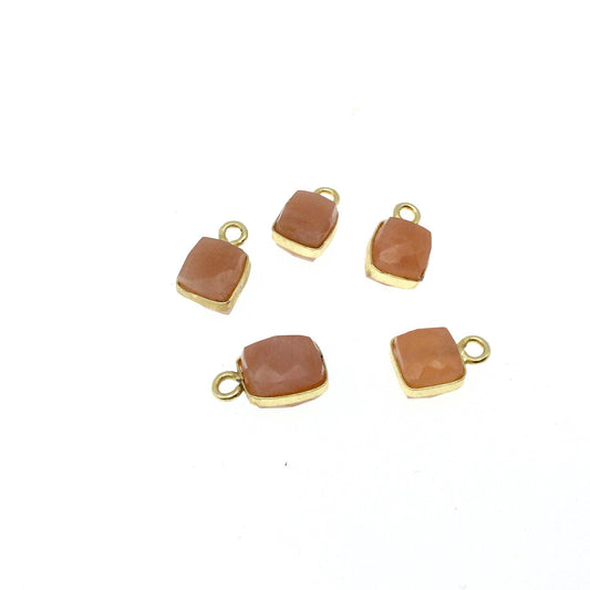 Gold Finish Faceted Natural Peach Moonstone Cube/Square Shape Plated Copper Bezel Charm/Drop - Measuring 8-10mm - Sold Individually, Random