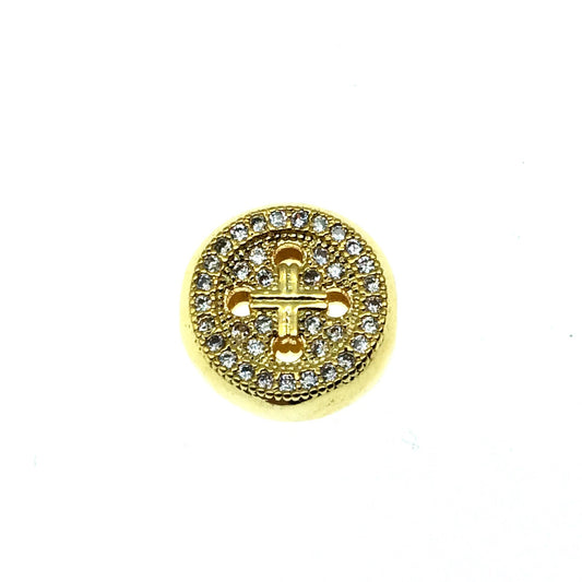 Gold Plated CZ Cubic Zirconia Round Button Shaped Copper Bead - Measures 10mm. - Sold Individually, RANDOM