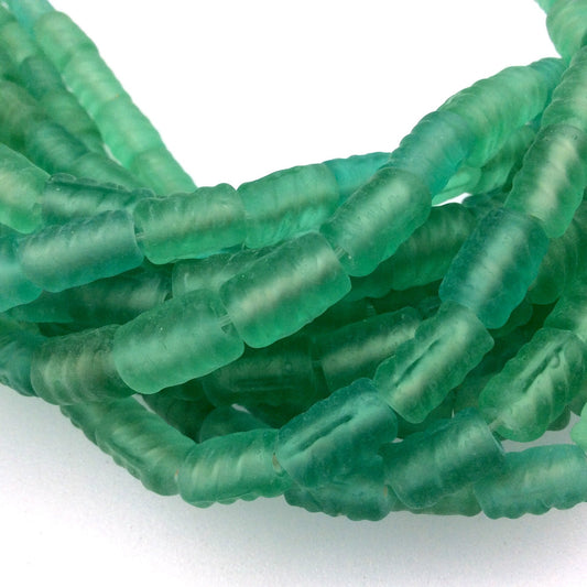 18mm x 22mm Matte Green Spiral Textured Barrel Shaped Indian Beach/Sea Beadlanta Glass Beads - Sold by 15" Strands - Approx 36 Beads