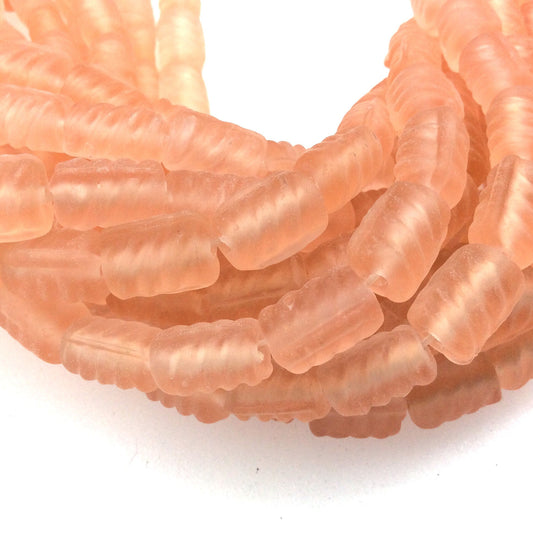 18mm x 22mm Matte Peach/Pink Spiral Textured Barrel Shaped Indian Beach/Sea Beadlanta Glass Beads - Sold by 15" Strands - Approx 32 Beads