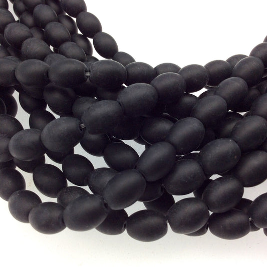 8mm x 10mm Matte Black Oval Shaped Indian Beach/Sea Beadlanta Glass Beads - Sold by 15" Strand - ~38 Beads per Strand