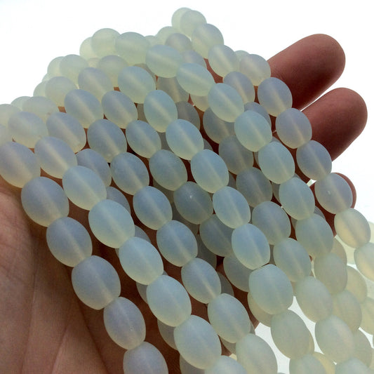 8mm x 10mm Matte Semi Transparent White Oval Shaped Indian Beach/Sea Beadlanta Glass Beads - Sold by 15" Strand - ~38 Beads per Strand