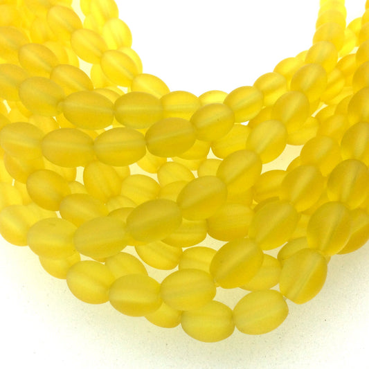 8mm x 10mm Matte Semi Transparent Yellow Oval Shaped Indian Beach/Sea Beadlanta Glass Beads - Sold by 15" Strand - ~38 Beads per Strand