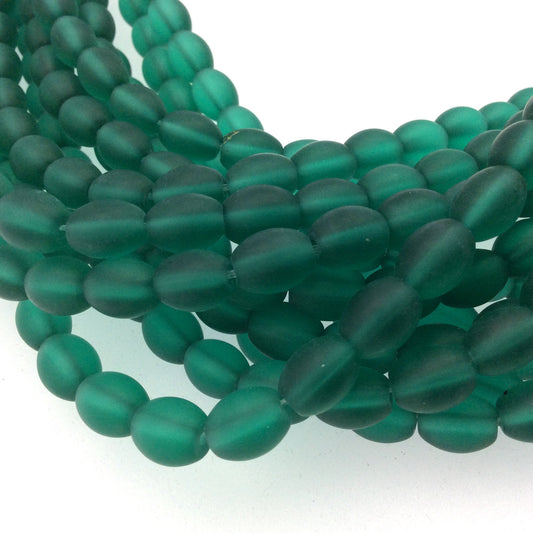 8mm x 10mm Matte Semi Transparent Green Oval Shaped Indian Beach/Sea Beadlanta Glass Beads - Sold by 15" Strand - ~38 Beads per Strand