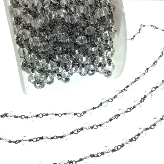 Gunmetal Plated Copper Rosary Chain with 6mm Faceted Transparent Clear Glass Crystal Beads - Sold by the Foot! - Beaded Chain