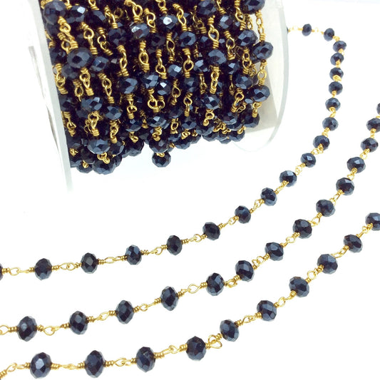Gold Plated Copper Rosary Chain with 6mm Faceted Opaque AB Metallic Jet Black Glass Crystal Beads - Sold by the Foot! - Beaded Chain
