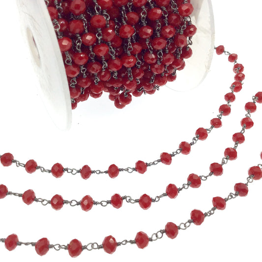 Gunmetal Plated Copper Rosary Chain with 6mm Faceted Opaque Lipstick Red Glass Crystal Beads - Sold by the Foot! - Beaded Chain