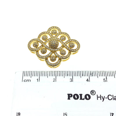 Gold Plated White CZ Cubic Zirconia Inlaid Flat Fancy/Ornate Open Ribbon/Dot Shaped Copper Slider - Measuring 26mm x 30mm