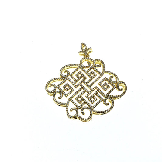 Gold Plated White CZ Cubic Zirconia Inlaid Flat Fancy/Ornate Open Knotted Swirl Shaped Copper Slider Pendant W Bail - Measuring 40mm x 50mm