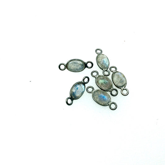 BULK LOT - Pack of Six (6) Gunmetal Sterling Silver Pointed/Cut Stone Faceted Oval Shaped Labradorite Bezel Connectors - Measuring 4mm x 6mm